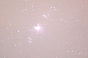 M42, the Great Nebula in Orion, buried in the overexposure. This is the first image (see text) where M42 is truly visible in a test image. Pentax K3, 400mm, f/5.6, 10 sec., ISO 51200.